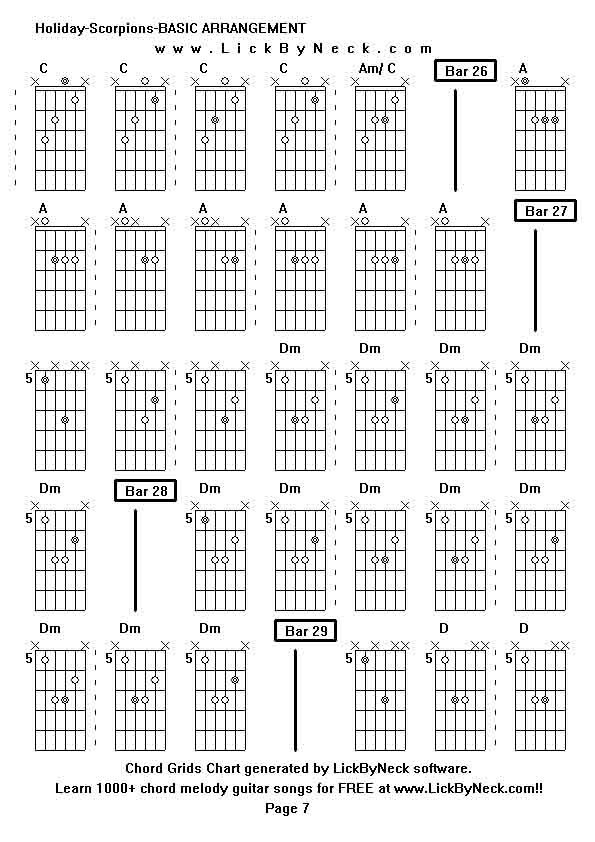 Chord Grids Chart of chord melody fingerstyle guitar song-Holiday-Scorpions-BASIC ARRANGEMENT,generated by LickByNeck software.